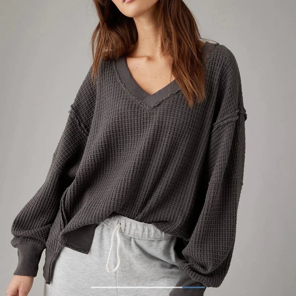 American Eagle Seriously Lived In Big Hug Waffle Knit Pullover Gray M Oversized